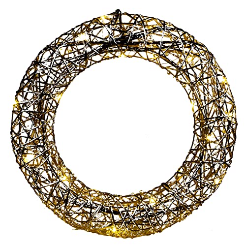 Light Up LED Festive Decorative Christmas Wall Door Hanging Wreath | Battery Operated Pre Lit Xmas Wreath (Gold Wire & White Pearls, 40cm with 30LEDs)