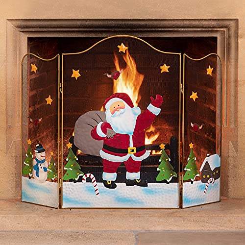 Christow Christmas Fireguard Large Fireplace Screen, Arched Metal Mesh Fire Screen H61cm (Santa Claus)