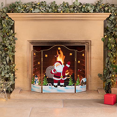 Christow Christmas Fireguard Large Fireplace Screen, Arched Metal Mesh Fire Screen H61cm (Santa Claus)