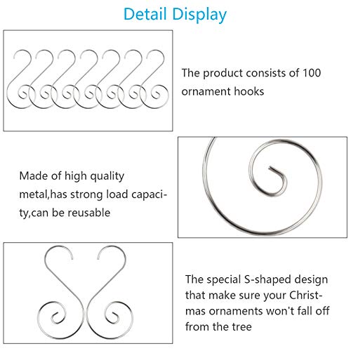 WEDNOK 100pcs Christmas Tree Hooks Xmas S-Shaped Hangers Hook Christmas Ornament Hooks for Hanging Bauble Party Decoration Home DIY Crafts (Silver)