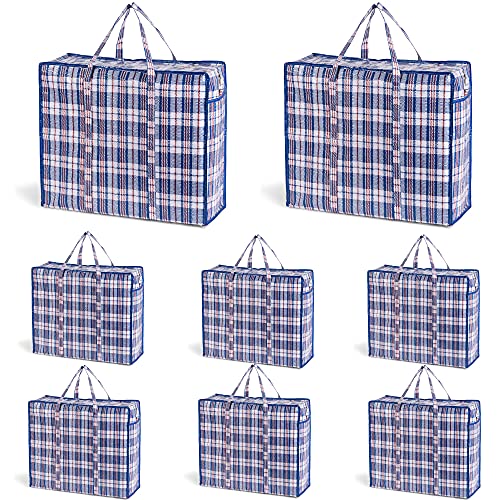 VENO 8 Pack Extra-Large Organizer Storage Bag, Heavy-Duty Tote Bag, Alternative to Moving Boxes, Packing Supplies, Clothes Storage, Christmas Decorations, Water-Resistant (Blue Checkered - Set of 8)
