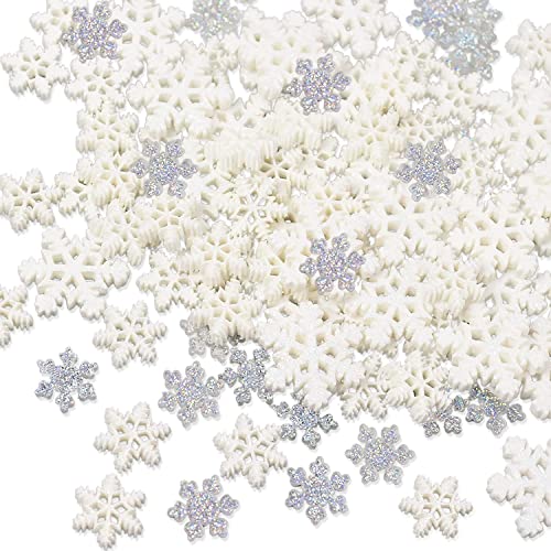 100Pcs Mini Snowflake Ornament Christmas Decorations- Glitter Resin White and Clear Snowflakes Christmas Craft Embellishment with Storage Box for DIY Craft Xmas Tree Winter Party Table Decor (3 Sizes)