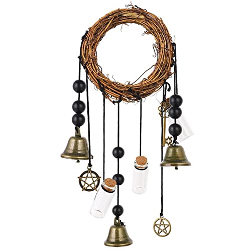 Witch Bells Protection Handmade Witch Bells Wreath Witchcraft Supplies Pentagram Witch Rattan Bells Home Protection Door Hanger Hanging for House Warming (#7)