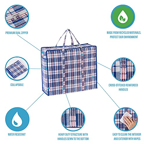VENO 8 Pack Extra-Large Organizer Storage Bag, Heavy-Duty Tote Bag, Alternative to Moving Boxes, Packing Supplies, Clothes Storage, Christmas Decorations, Water-Resistant (Blue Checkered - Set of 8)