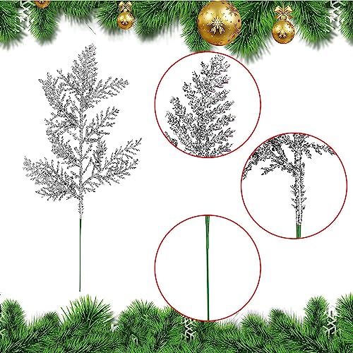 30 PCS Glitter Artificial Pine Needles,Fake Foliage Pine Stems Picks for DIY Garland Wreath Christmas Embellishing and Home Garden Decoration