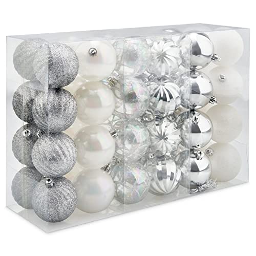 SA Products 48-Pack Christmas Baubles with Silver Threads - White & Silver Christmas Tree Balls - Light & Shatterproof Plastic - Hanging Xmas Globe Ornaments for Home, Holiday Party, Festival - 6cm