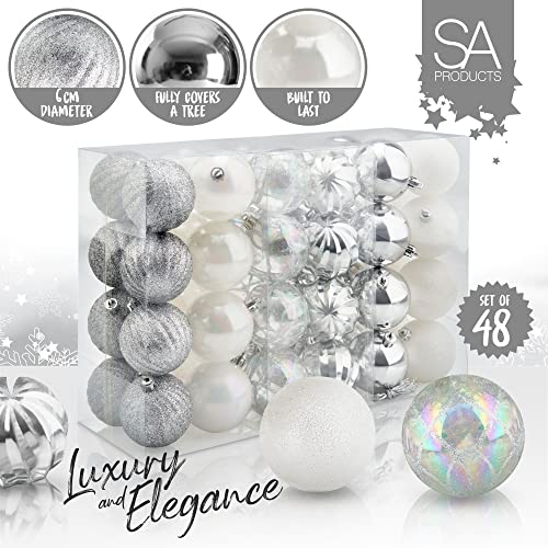 SA Products 48-Pack Christmas Baubles with Silver Threads - White & Silver Christmas Tree Balls - Light & Shatterproof Plastic - Hanging Xmas Globe Ornaments for Home, Holiday Party, Festival - 6cm