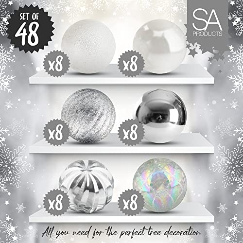 SA Products 48-Pack Christmas Baubles with Silver Threads - White & Silver Christmas Tree Balls - Light & Shatterproof Plastic - Hanging Xmas Globe Ornaments for Home, Holiday Party, Festival - 6cm