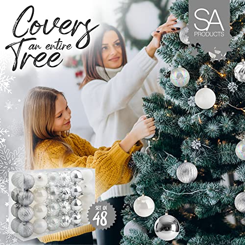 SA Products 48-Pack Christmas Baubles with Silver Threads - White & Silver Christmas Tree Balls - Light & Shatterproof Plastic - Hanging Xmas Globe Ornaments for Home, Holiday Party, Festival - 6cm