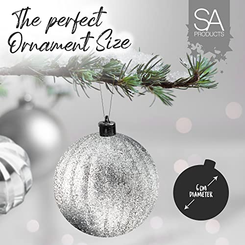 SA Products 48-Pack Christmas Baubles with Silver Threads - White & Silver Christmas Tree Balls - Light & Shatterproof Plastic - Hanging Xmas Globe Ornaments for Home, Holiday Party, Festival - 6cm