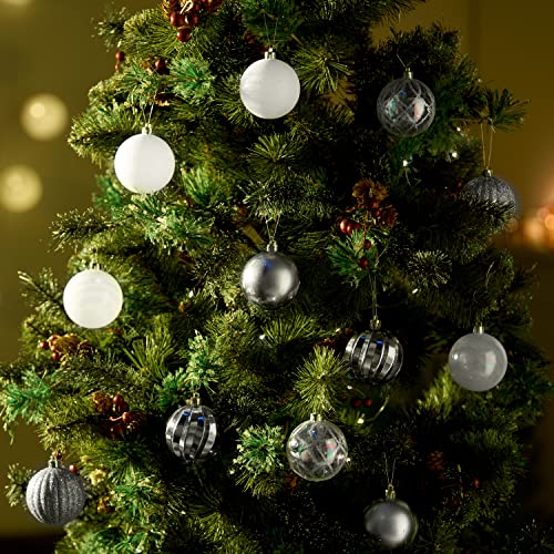 SA Products 48-Pack Christmas Baubles with Silver Threads - White & Silver Christmas Tree Balls - Light & Shatterproof Plastic - Hanging Xmas Globe Ornaments for Home, Holiday Party, Festival - 6cm