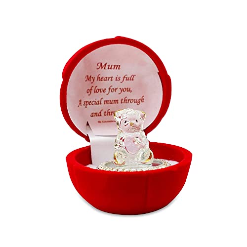 MUM Love Heart Teddy Bear Red Rose Mothers Day Gift Christmas Gift Birthday Gift Boxed Glass Ornament (Crystal Glass Teddy, Mum)