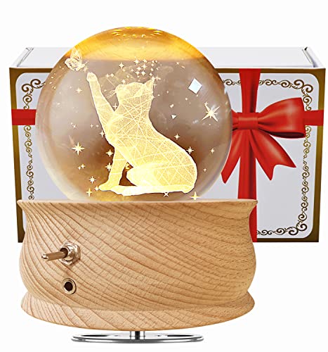 Aoweika Music Box 3D Crystal ball Rotating Musical Box With Led Light Desktop Ornament Desk Decoration Wooden Base Gift for Birthday Mother's Day Christmas(Cat)