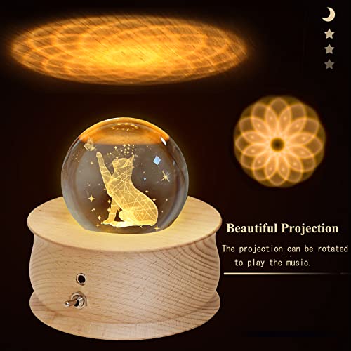Aoweika Music Box 3D Crystal ball Rotating Musical Box With Led Light Desktop Ornament Desk Decoration Wooden Base Gift for Birthday Mother's Day Christmas(Cat)