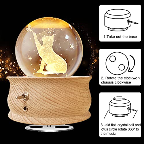 Aoweika Music Box 3D Crystal ball Rotating Musical Box With Led Light Desktop Ornament Desk Decoration Wooden Base Gift for Birthday Mother's Day Christmas(Cat)