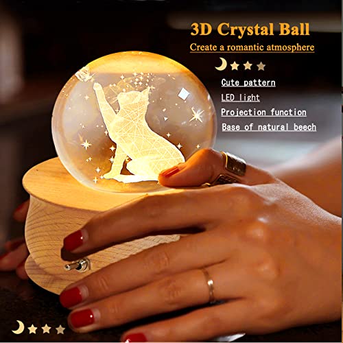 Aoweika Music Box 3D Crystal ball Rotating Musical Box With Led Light Desktop Ornament Desk Decoration Wooden Base Gift for Birthday Mother's Day Christmas(Cat)