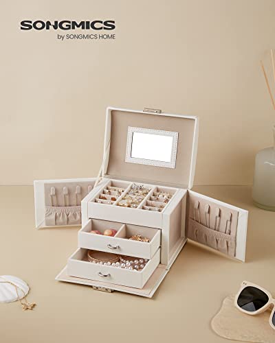 SONGMICS 3-Tier Jewellery Box, Lockable Jewellery Organiser with Handle, 2 Drawers, Travel Jewellery Case with Mirror, Jewellery Storage, Modern Style, Gift for Loved Ones, Classic White JBC154W01