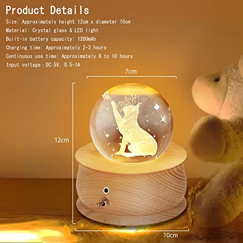 Aoweika Music Box 3D Crystal ball Rotating Musical Box With Led Light Desktop Ornament Desk Decoration Wooden Base Gift for Birthday Mother's Day Christmas(Cat)