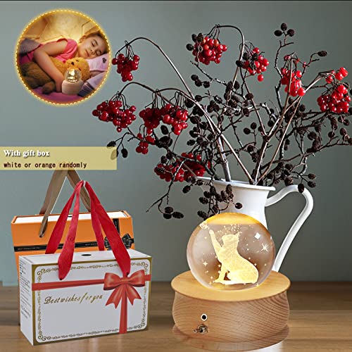 Aoweika Music Box 3D Crystal ball Rotating Musical Box With Led Light Desktop Ornament Desk Decoration Wooden Base Gift for Birthday Mother's Day Christmas(Cat)