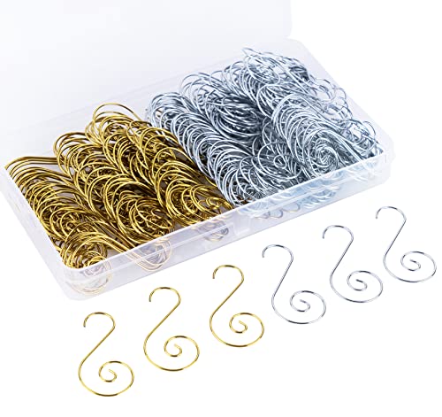 Christmas Ornament Hooks 240Pcs Xmas Tree Ornaments Hanger Hooks Metal Wire S Hooks with Storage Box for Baubles Ball Christmas Tree Hanging Decoration, Gold&Silver