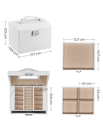 SONGMICS 3-Tier Jewellery Box, Lockable Jewellery Organiser with Handle, 2 Drawers, Travel Jewellery Case with Mirror, Jewellery Storage, Modern Style, Gift for Loved Ones, Classic White JBC154W01