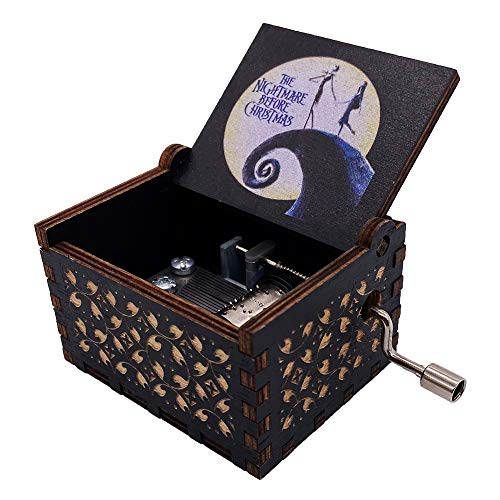 The Nightmare Before Christmas Music Box Hand Crank Musical Box Carved Wood Musical Gifts for Fans (White-Black)