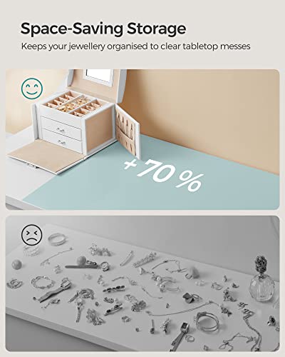 SONGMICS 3-Tier Jewellery Box, Lockable Jewellery Organiser with Handle, 2 Drawers, Travel Jewellery Case with Mirror, Jewellery Storage, Modern Style, Gift for Loved Ones, Classic White JBC154W01