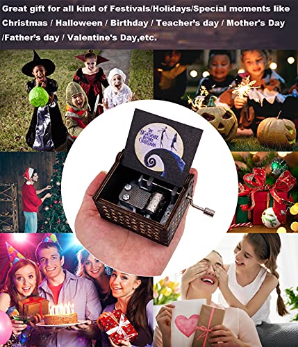 The Nightmare Before Christmas Music Box Hand Crank Musical Box Carved Wood Musical Gifts for Fans (White-Black)
