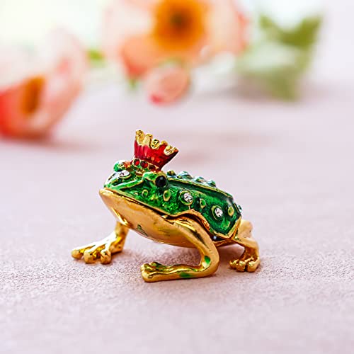 H&D Mini Frog Prince Hinged Jewelry Box,Metal Die Cast Animal Figurines Trinket Box Ring Holder