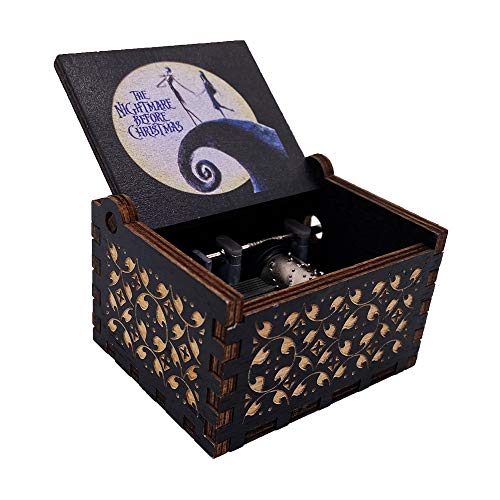 The Nightmare Before Christmas Music Box Hand Crank Musical Box Carved Wood Musical Gifts for Fans (White-Black)