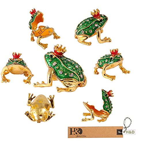 H&D Mini Frog Prince Hinged Jewelry Box,Metal Die Cast Animal Figurines Trinket Box Ring Holder