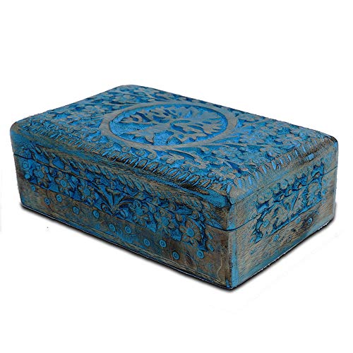 BHAVATU Handmade Blue Mango Wood Jewellery Box with Engraving Tree of Life Hand Carved for Women Men | Home Decor | Decorative Boxes