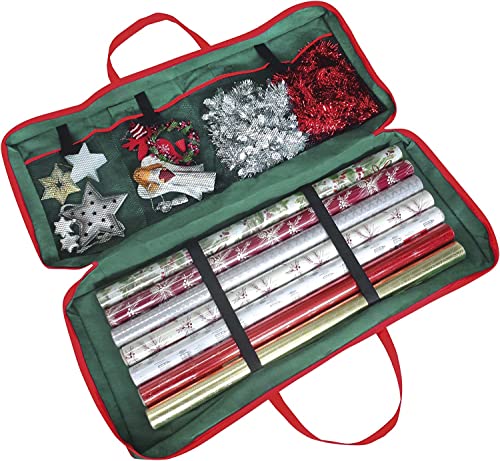 EPISENT Wrap Fabric Storage Bag - Gift Wrap Organizer Bag - Green Fabric with Red Trim - Organiser Xmas Christmas Tidy, Heavy Duty Material - For Paper, Tags & Bows - 82cm x 34cm x 13 cm