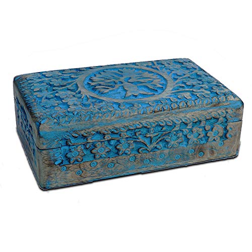 BHAVATU Handmade Blue Mango Wood Jewellery Box with Engraving Tree of Life Hand Carved for Women Men | Home Decor | Decorative Boxes