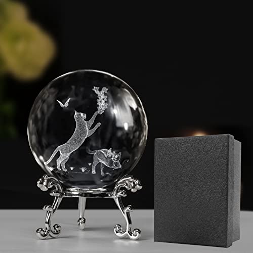 KOMINZZ Cat Gifts for Women Crystal Ball 3D Laser Cat Figurine Glass Paperweights with Metal Stand Gift Box Cat Gifts for Cat Lovers Cat Ornaments for Cat Lovers Home Decor Black,silver