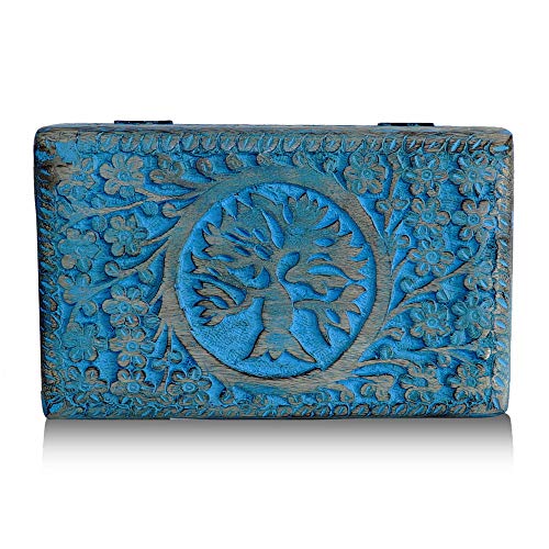 BHAVATU Handmade Blue Mango Wood Jewellery Box with Engraving Tree of Life Hand Carved for Women Men | Home Decor | Decorative Boxes