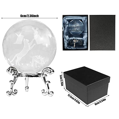 KOMINZZ Cat Gifts for Women Crystal Ball 3D Laser Cat Figurine Glass Paperweights with Metal Stand Gift Box Cat Gifts for Cat Lovers Cat Ornaments for Cat Lovers Home Decor Black,silver