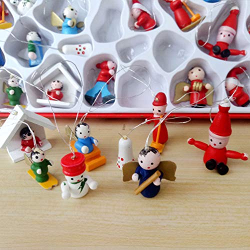 NUOBESTY 48Pcs Mini Wooden Christmas Tree Ornaments Figures Advent Calendar Stuffers Filler Tiny Hanging Xmas Holiday Miniature Decoration