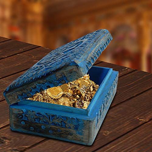 BHAVATU Handmade Blue Mango Wood Jewellery Box with Engraving Tree of Life Hand Carved for Women Men | Home Decor | Decorative Boxes