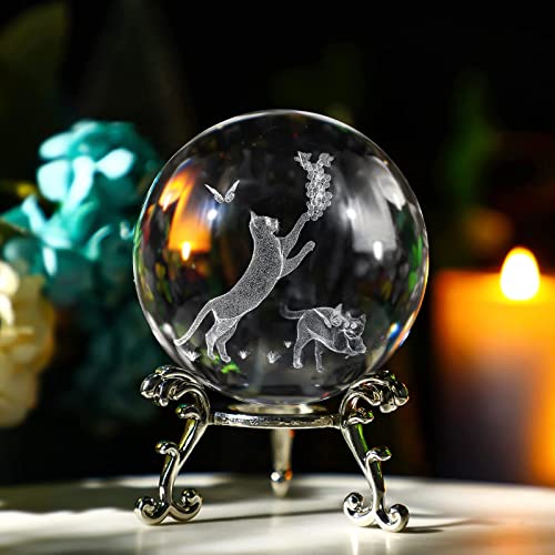 KOMINZZ Cat Gifts for Women Crystal Ball 3D Laser Cat Figurine Glass Paperweights with Metal Stand Gift Box Cat Gifts for Cat Lovers Cat Ornaments for Cat Lovers Home Decor Black,silver