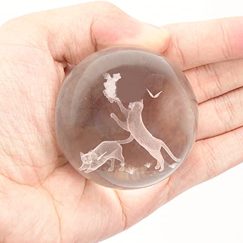 KOMINZZ Cat Gifts for Women Crystal Ball 3D Laser Cat Figurine Glass Paperweights with Metal Stand Gift Box Cat Gifts for Cat Lovers Cat Ornaments for Cat Lovers Home Decor Black,silver