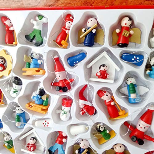 NUOBESTY 48Pcs Mini Wooden Christmas Tree Ornaments Figures Advent Calendar Stuffers Filler Tiny Hanging Xmas Holiday Miniature Decoration
