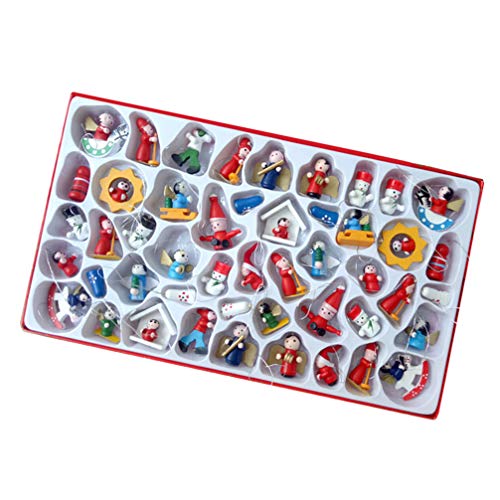 NUOBESTY 48Pcs Mini Wooden Christmas Tree Ornaments Figures Advent Calendar Stuffers Filler Tiny Hanging Xmas Holiday Miniature Decoration