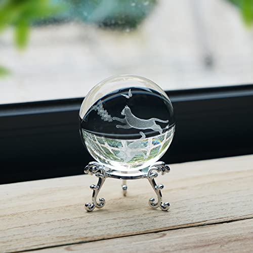 KOMINZZ Cat Gifts for Women Crystal Ball 3D Laser Cat Figurine Glass Paperweights with Metal Stand Gift Box Cat Gifts for Cat Lovers Cat Ornaments for Cat Lovers Home Decor Black,silver