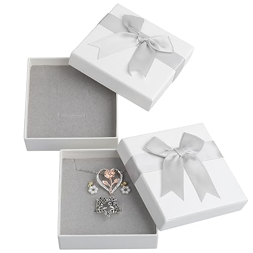 2Pcs Small Gift Boxes for Jewellery, Rings Earrings Necklace Bracelet Gift Box with Lid, Bow-knot Jewellery Gift Boxes, Present Gift Boxes for Anniversaries Weddings Birthdays Christmas (9x9x3cm-Grey)