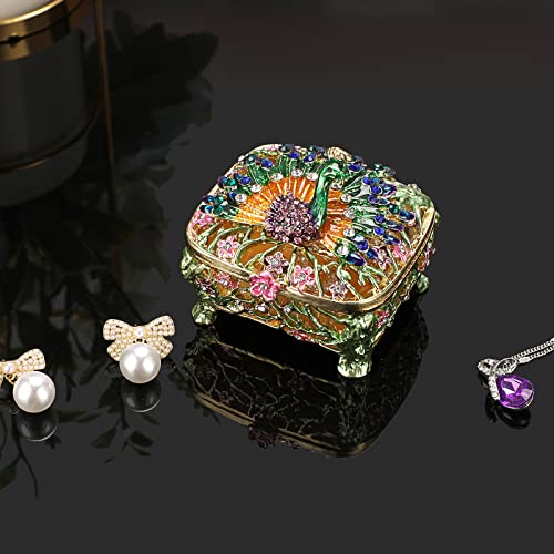 SUMNACON Mini Peacock Style Jewelry Box Holder Trinket Box, Decorative Enamel Hinged Small Jewelry Organizer, Wedding Ring Box Necklace Holder Earrings Organizer