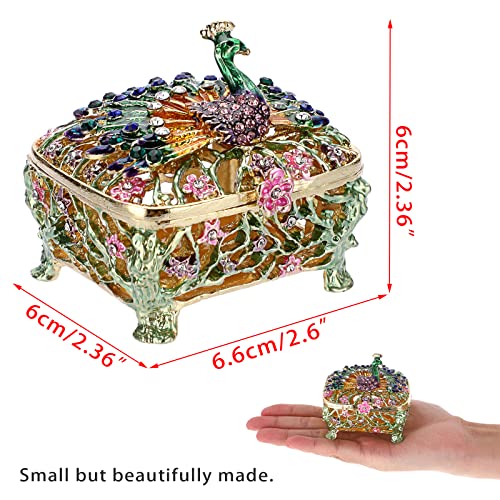SUMNACON Mini Peacock Style Jewelry Box Holder Trinket Box, Decorative Enamel Hinged Small Jewelry Organizer, Wedding Ring Box Necklace Holder Earrings Organizer