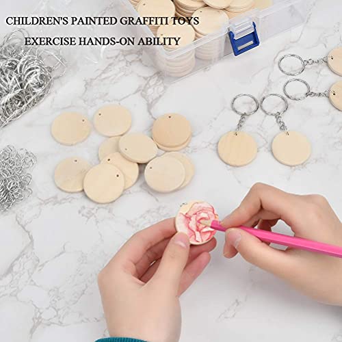 DODUOS 100Pcs Natural Wood Slices, 35mm Unfinished Predrilled Log Discs Wooden Circles with 100Pcs Key Rings and a Box for DIY Crafts, Unfinished Round Circles for Christmas Decorations Ornaments