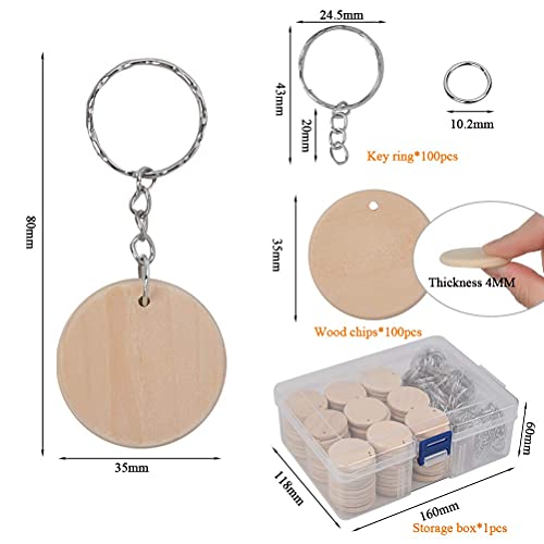 DODUOS 100Pcs Natural Wood Slices, 35mm Unfinished Predrilled Log Discs Wooden Circles with 100Pcs Key Rings and a Box for DIY Crafts, Unfinished Round Circles for Christmas Decorations Ornaments