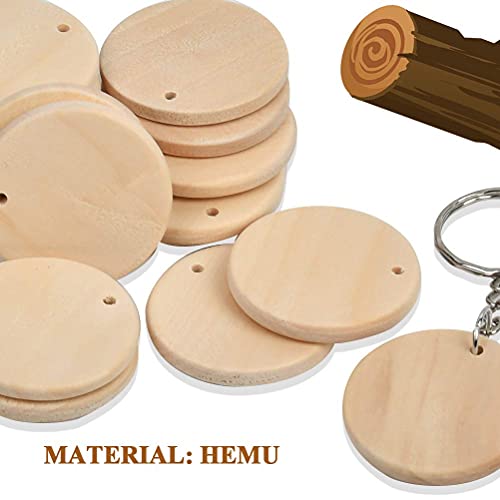 DODUOS 100Pcs Natural Wood Slices, 35mm Unfinished Predrilled Log Discs Wooden Circles with 100Pcs Key Rings and a Box for DIY Crafts, Unfinished Round Circles for Christmas Decorations Ornaments